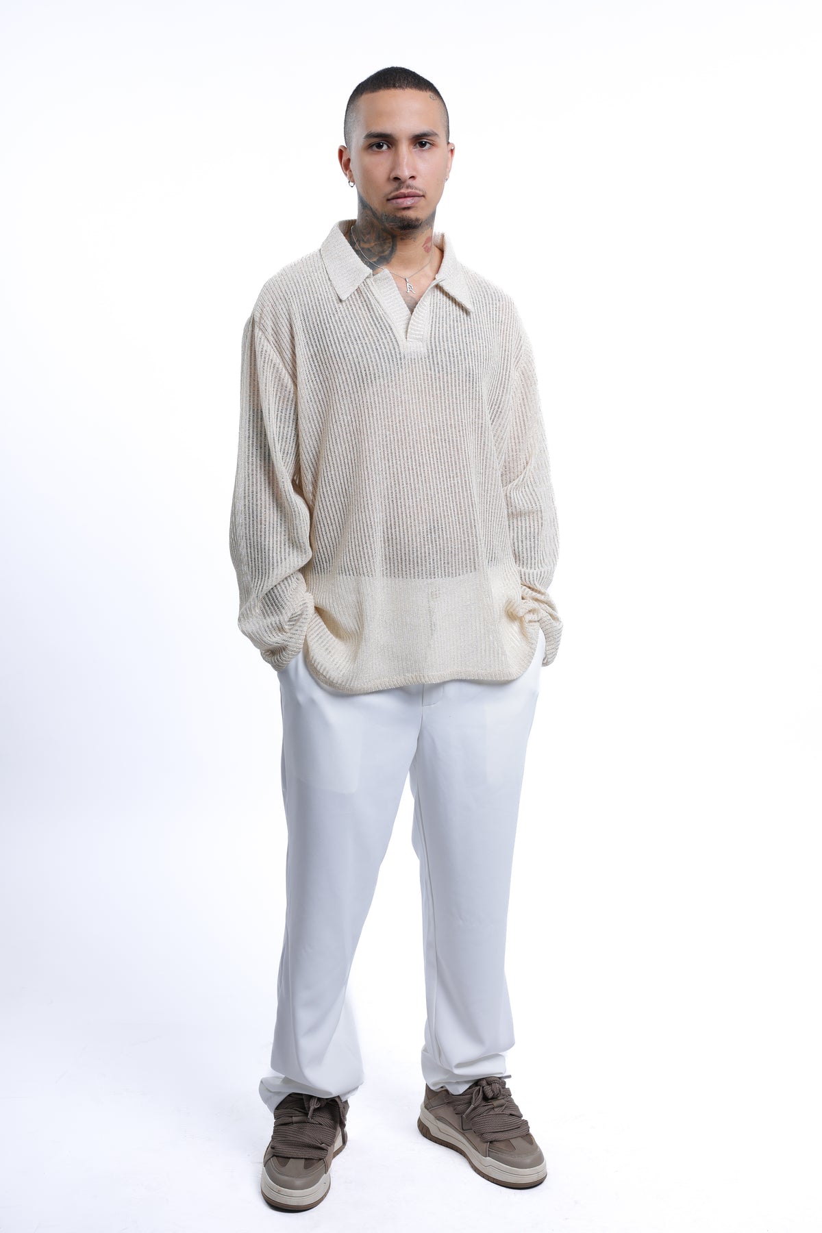 MEJAOUI Sheer Knit Polo – Sandstone