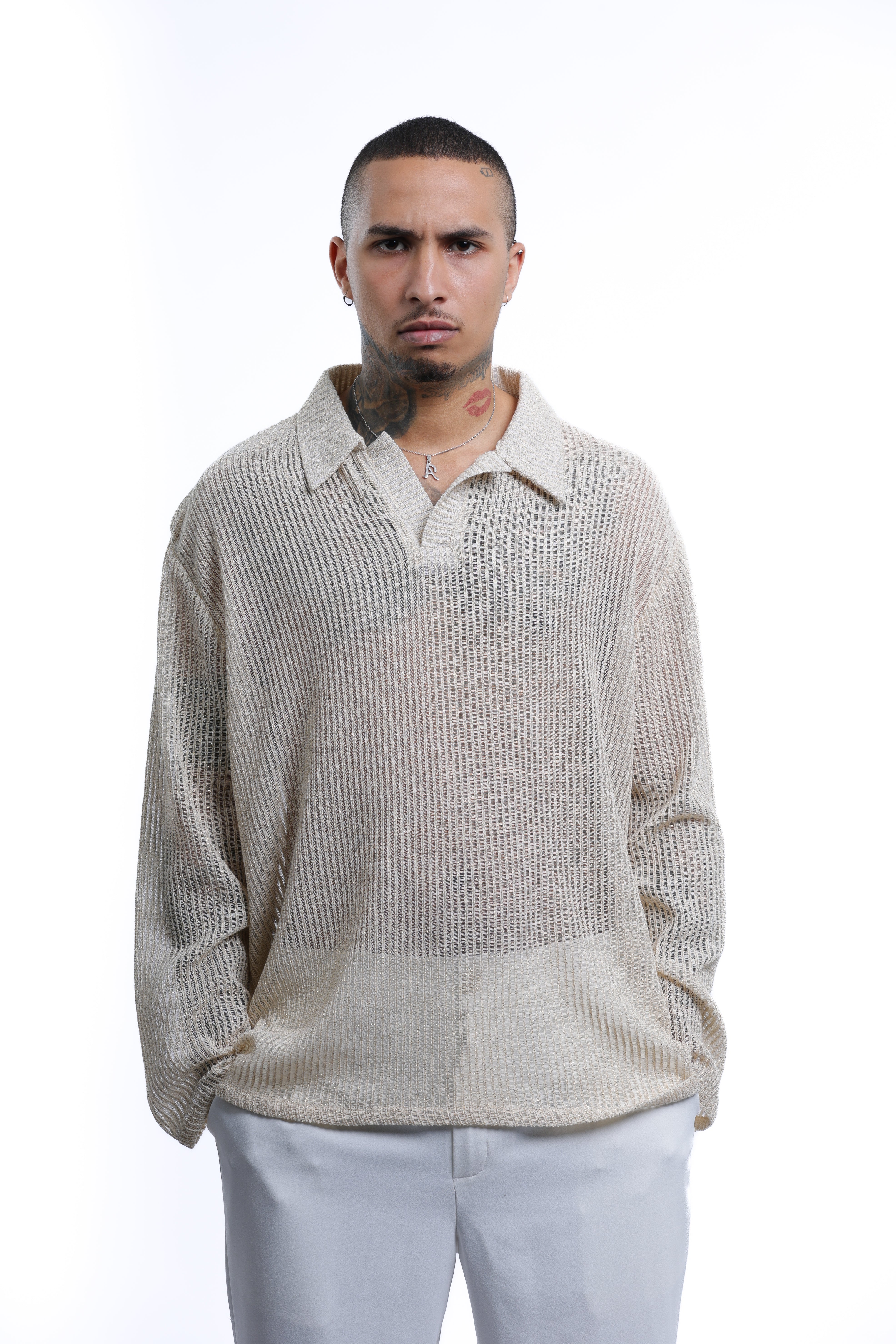 MEJAOUI Sheer Knit Polo – Sandstone