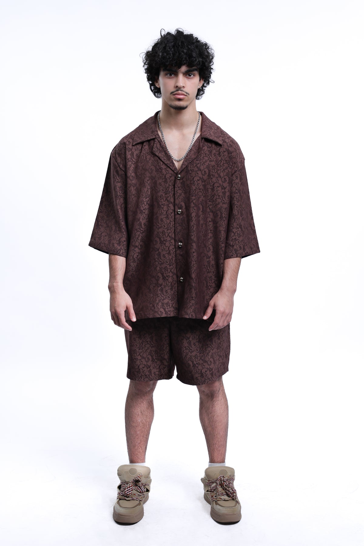 MEJAOUI | Vintage Brown Jacquard Shirt & Shorts Set