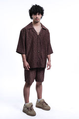 MEJAOUI | Vintage Brown Jacquard Shirt & Shorts Set