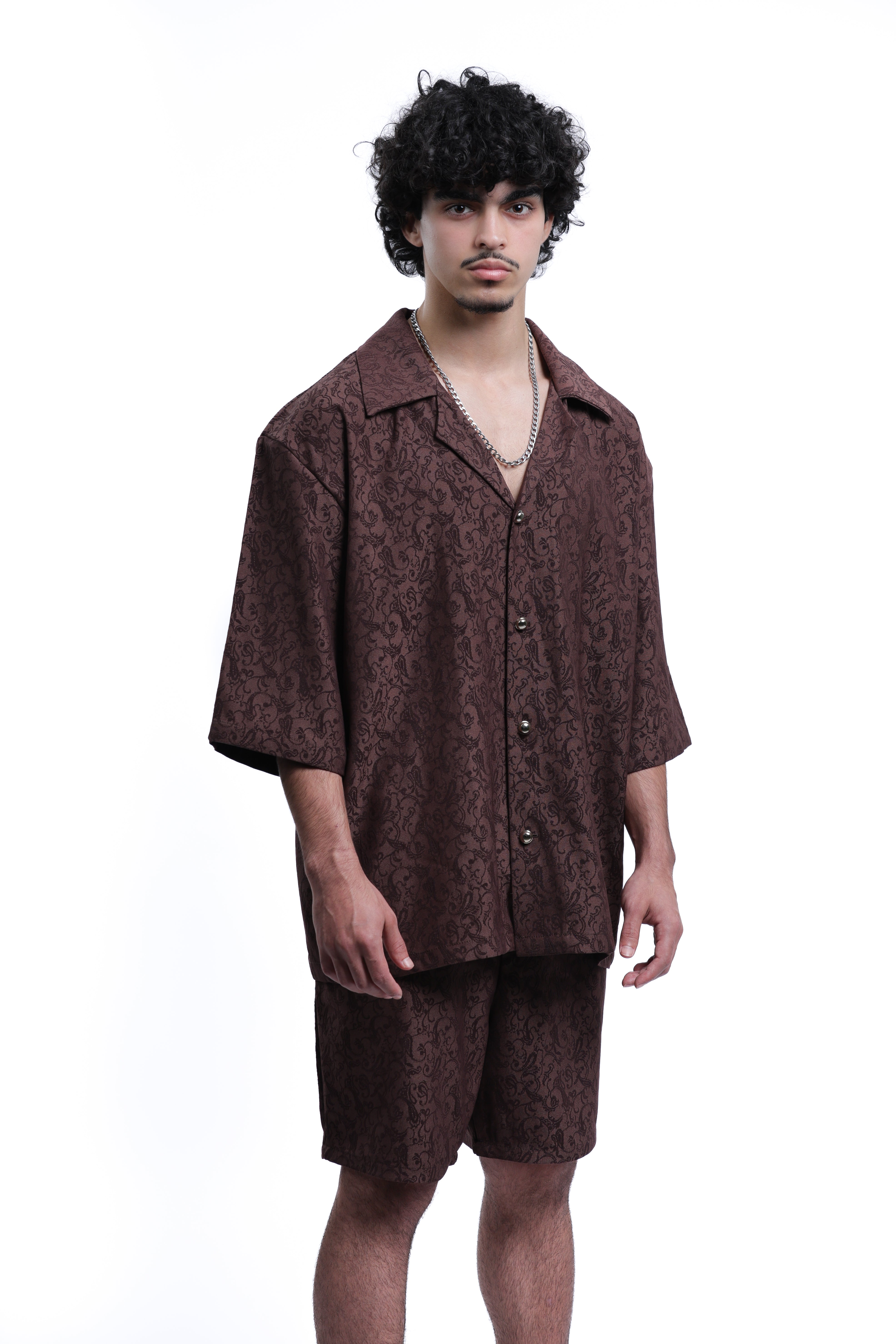MEJAOUI | Vintage Brown Jacquard Shirt & Shorts Set