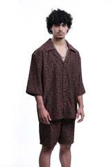 MEJAOUI | Vintage Brown Jacquard Shirt & Shorts Set