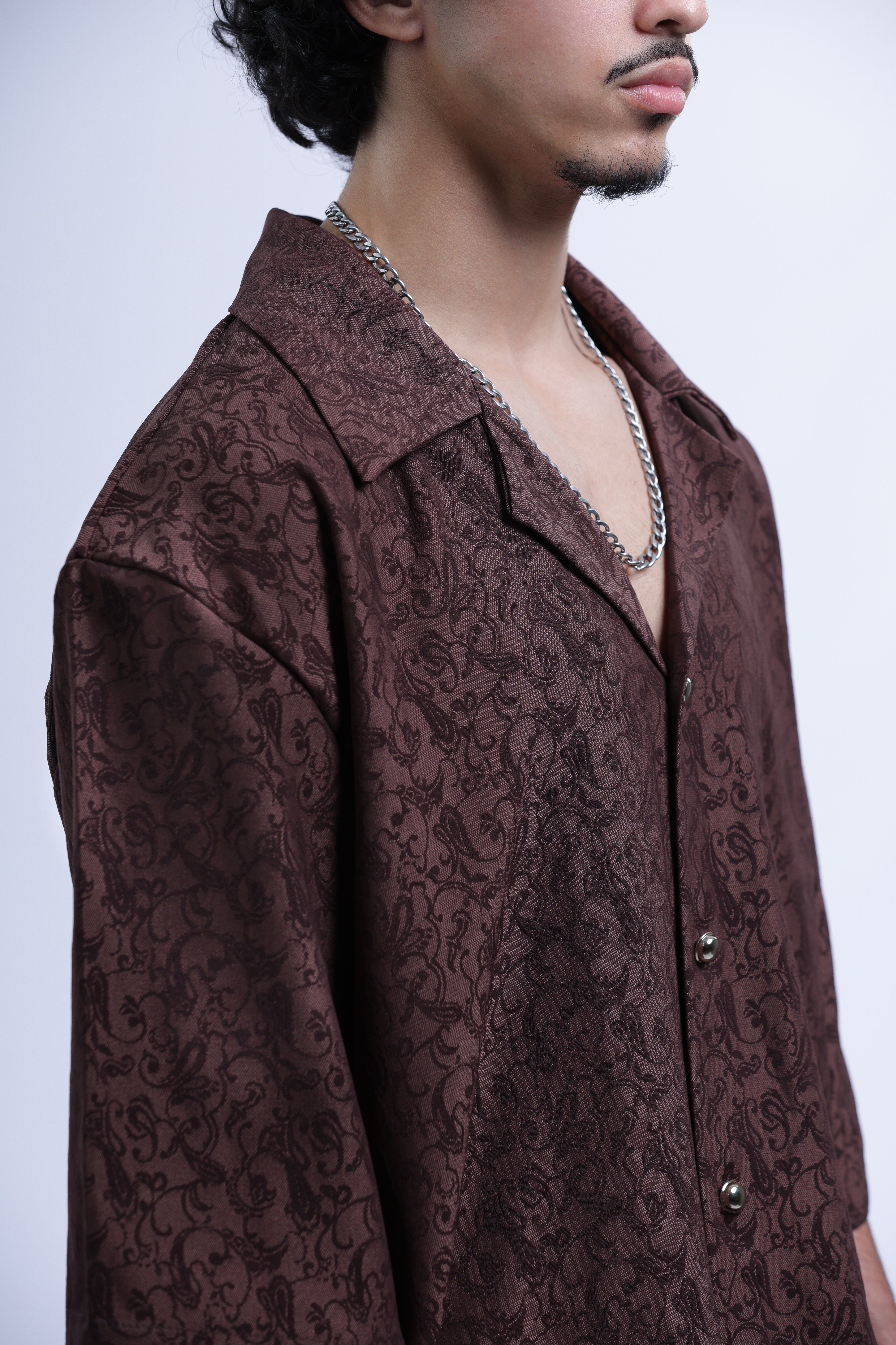 MEJAOUI | Vintage Brown Jacquard Shirt & Shorts Set